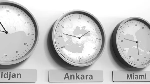 Klok toont Ankara, Turkije tijd bij verschillende tijdzones. Conceptuele 3D-rendering — Stockfoto