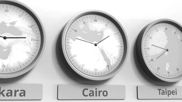 Horloge montre Le Caire, Égypte heure entre les différents fuseaux horaires. rendu 3D conceptuel — Photo