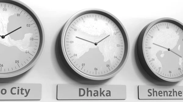 Reloj redondo que muestra Dhaka, hora de Bangladesh dentro de las zonas horarias mundiales. Renderizado 3D conceptual — Foto de Stock