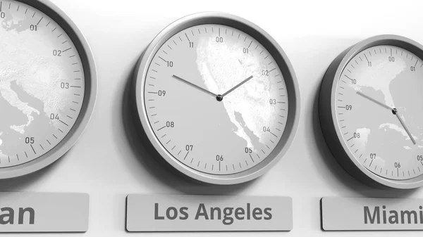 Orologio rotondo che mostra l'ora di Los Angeles, Stati Uniti d'America entro i fusi orari mondiali. Rendering 3D concettuale — Foto Stock