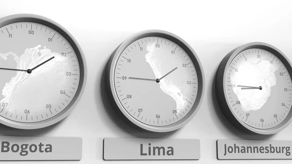 Klockan visar Lima, Peru tid bland olika tidszoner. Konceptuell 3d-rendering — Stockfoto