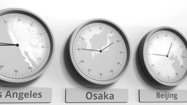 Relógio mostra Osaka, Japão tempo entre diferentes fusos horários. Renderização 3D conceitual — Fotografia de Stock