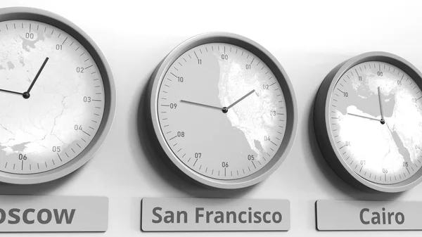 Relógio redondo mostrando San Francisco, EUA tempo dentro de fusos horários mundiais. Renderização 3D conceitual — Fotografia de Stock