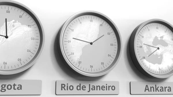 Reloj redondo que muestra Río de Janeiro, Brasil hora dentro de las zonas horarias mundiales. Renderizado 3D conceptual — Foto de Stock