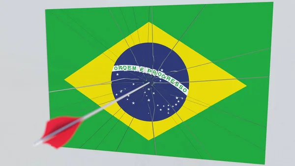 Bandeira da placa BRASIL sendo atingida por flecha de tiro com arco. Renderização 3D conceitual — Fotografia de Stock