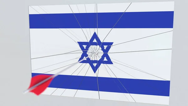 Bandera de la placa ISRAEL golpeada por la flecha de tiro con arco. Renderizado 3D conceptual — Foto de Stock