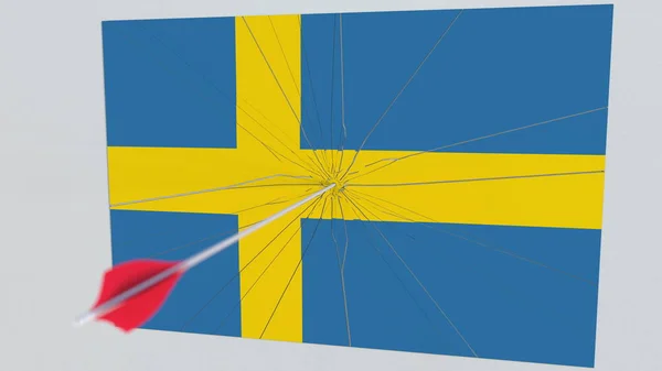 Bågskytte arrow bryter plattan med Sveriges flagga. 3D-rendering — Stockfoto