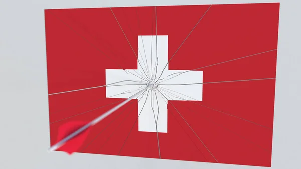 Flagge der Schweiz, die von einem Pfeil getroffen wird. konzeptionelles 3D-Rendering — Stockfoto