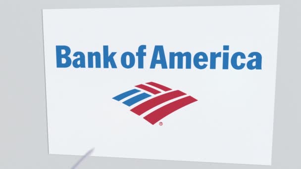 Das Firmenlogo der Bank of America wird vom Pfeil geknackt. Unternehmensprobleme konzeptionelle redaktionelle Animation — Stockvideo