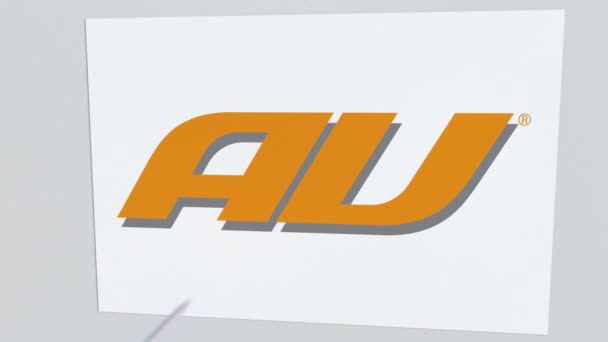 Logotipo de la empresa AU está agrietado por flecha de tiro con arco. Problemas corporativos animación editorial conceptual — Vídeo de stock