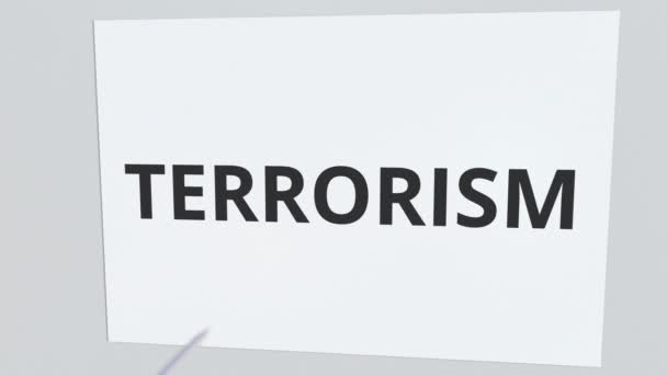 TERRORISM text plate being hit by archery arrow. Conceptual 3D animation — Stock Video