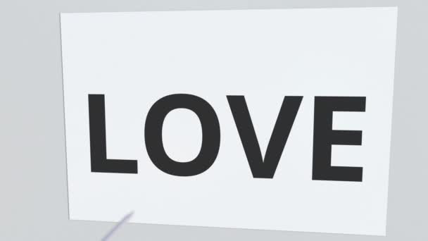 LOVE placa de texto siendo golpeado por la flecha de tiro con arco. Animación 3D conceptual — Vídeos de Stock