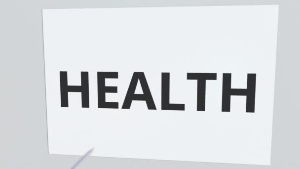 Bågskytte pilen träffar glasplatta med hälsa text. Konceptuell 3d-animering — Stockvideo