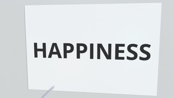 Стрела из лука разбивает пластину с текстом HAPPINESS, концептуальная 3D анимация — стоковое видео