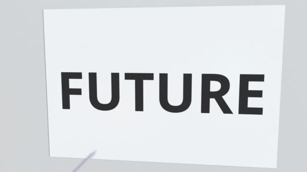 Zukünftiges Textschild, das vom Pfeil getroffen wird. konzeptionelle 3D-Animation — Stockvideo