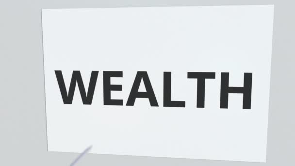 Tiro con arco de flecha golpea la placa de vidrio con texto WEALTH. Animación 3D conceptual — Vídeos de Stock