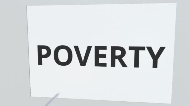 POVERTY text plate being hit by archery arrow. Conceptual 3D animation — Stockvideo