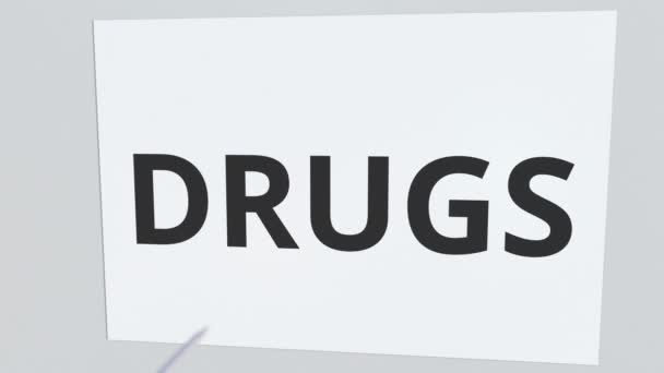 Placa de texto de DRUGS siendo golpeada por flecha de tiro con arco. Animación 3D conceptual — Vídeos de Stock