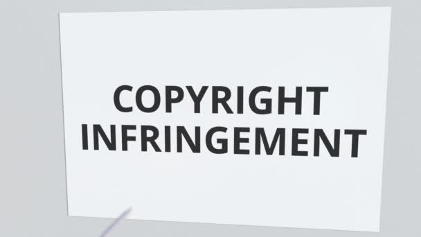 Стрела из лука попадает в стеклянную пластину с текстом COPYRIGHT INFRINGEMENT. Концептуальная 3D анимация — стоковое видео