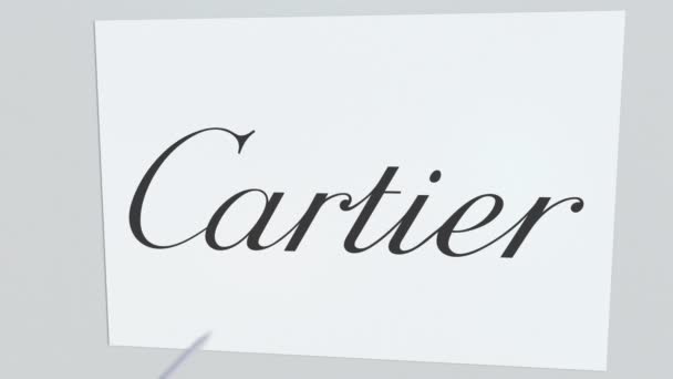 Tiro con arco de flecha golpea la placa con logo CARTIER. Problemas corporativos animación editorial conceptual — Vídeos de Stock