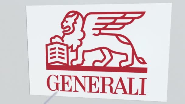 Logotipo da empresa GENERALI sendo atingido por flecha de tiro com arco. Crise empresarial animação editorial conceitual — Vídeo de Stock