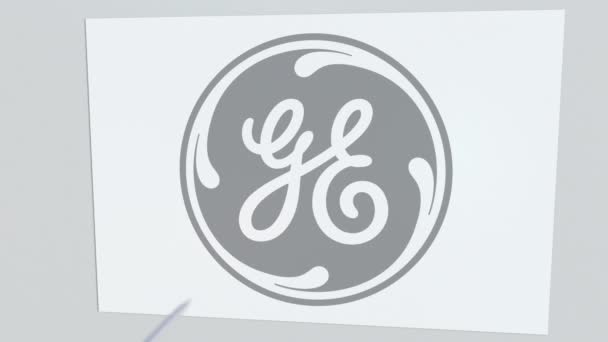 Bågskytte arrow bryter glasplatta med General Electric företagslogotyp. Företag frågan konceptuella redaktionella animation — Stockvideo