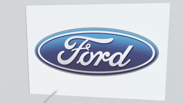 Tiro con arco de flecha golpea la placa con el logotipo FORD. Problemas corporativos animación editorial conceptual — Vídeo de stock