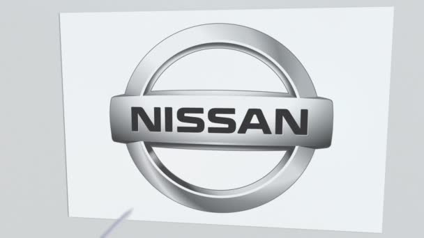 Логотип компании NISSAN был поражен стрелой из лука. Концептуальная редакционная анимация экономического кризиса — стоковое видео