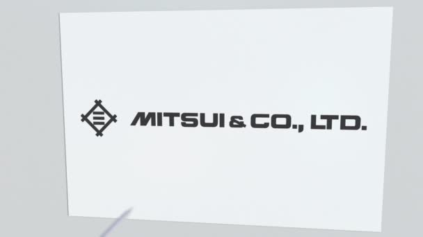 Flecha de tiro con arco rompe placa de vidrio con el logotipo de la empresa MITSUI. Edición de negocios animación editorial conceptual — Vídeo de stock