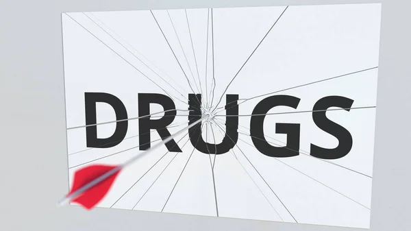 Текстовая табличка DRUGS была поражена стрелой из лука. Концептуальная 3D рендеринг — стоковое фото