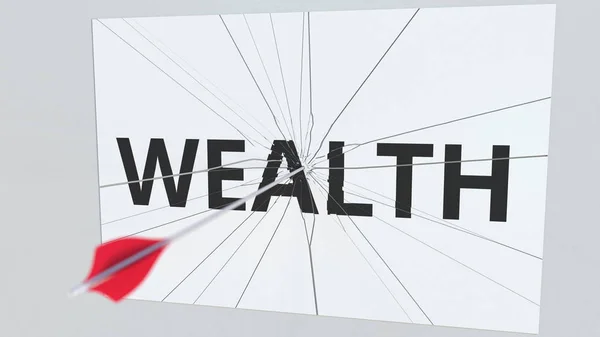 Arco e flecha atinge placa de vidro com texto WEALTH. Renderização 3D conceitual — Fotografia de Stock