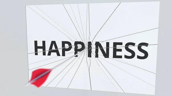 Freccia di tiro con l'arco rompe piatto con testo HAPPINESS, rendering 3D concettuale — Foto Stock