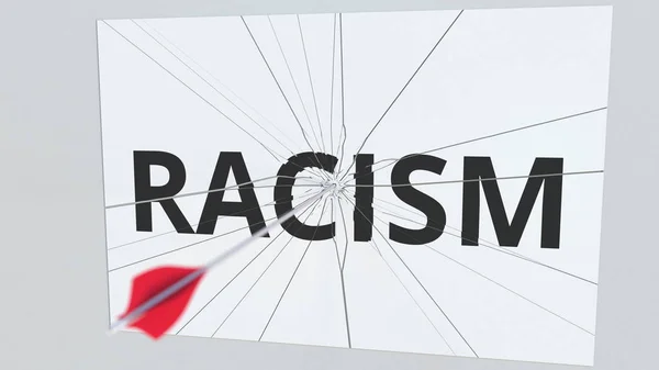 Τοξοβολία βέλος χτυπά γυάλινη πλάκα με το κείμενο του ρατσισμού. Εννοιολογική 3d rendering — Φωτογραφία Αρχείου