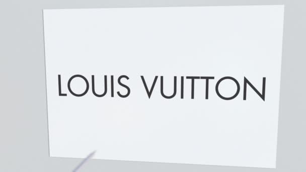 Логотип компании LOUIS VUITTON был взломан стрелой из лука. Концептуальная редакционная анимация корпоративных проблем — стоковое видео