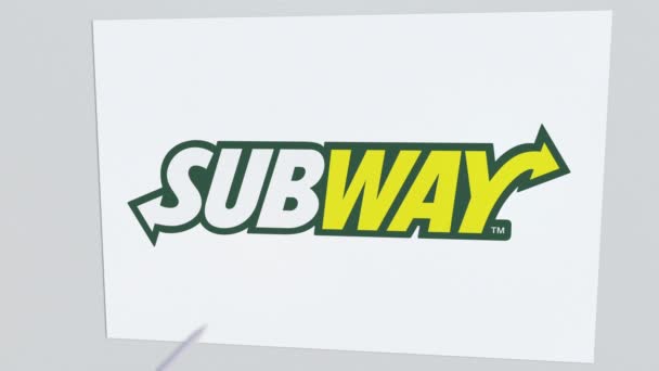 Arco e flecha atinge placa com logotipo SUBWAY. Problemas corporativos animação editorial conceitual — Vídeo de Stock