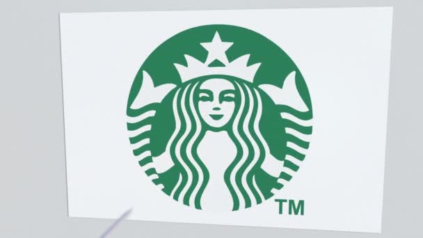 Arco e flecha atinge placa com logotipo STARBUCKS. Problemas corporativos animação editorial conceitual — Vídeo de Stock