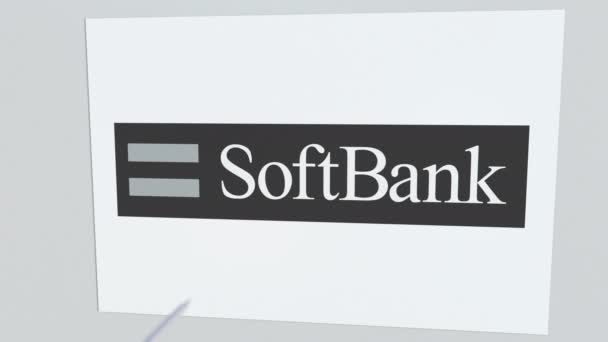 Archery arrow hits plate with SOFTBANK logo. Corporate problems conceptual editorial animation — Stock Video