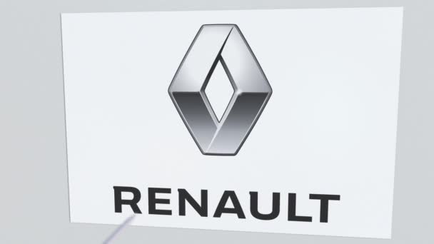 Renault Firmenlogo, das durch einen Pfeil geknackt wurde. Unternehmensprobleme konzeptionelle redaktionelle Animation — Stockvideo