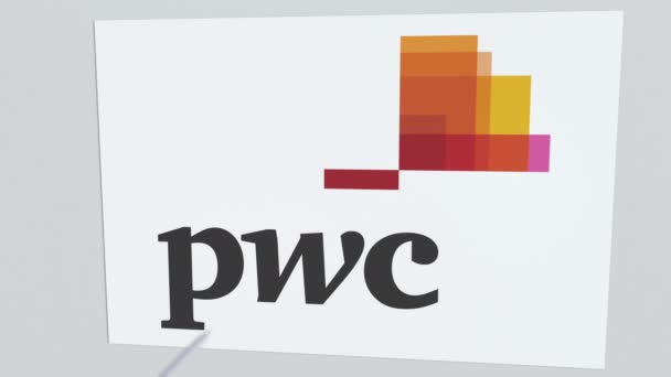 Tiro con l'arco freccia colpisce piatto con logo PWC. Problemi aziendali animazione editoriale concettuale — Video Stock