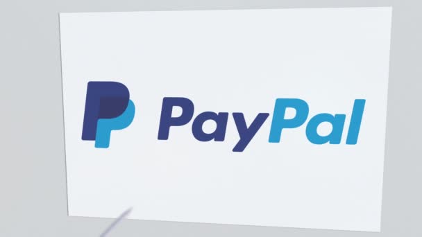 Flecha de tiro con arco rompe placa de vidrio con el logotipo de la empresa PAYPAL. Edición de negocios animación editorial conceptual — Vídeo de stock