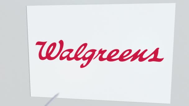 Bogenpfeil trifft Platte mit Walgreens Logo. Unternehmensprobleme konzeptionelle redaktionelle Animation — Stockvideo