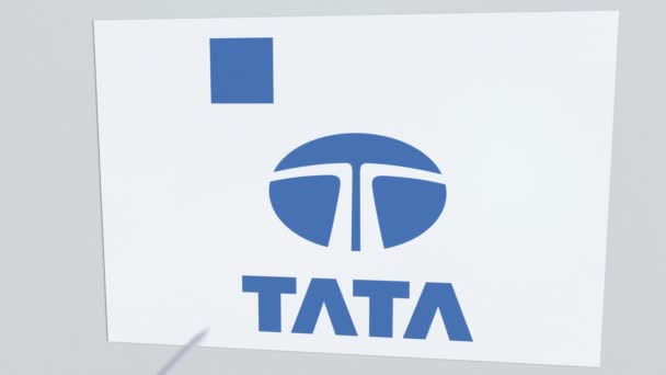 Τοξοβολία βέλος χτυπά πλάκα με λογότυπο Tata. Προβλήματα των επιχειρήσεων εννοιολογική σύνταξης κινούμενα σχέδια — Αρχείο Βίντεο