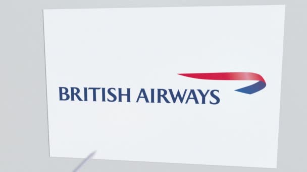 Arco e flecha atinge placa com logotipo BRITISH AIRWAYS. Problemas corporativos animação editorial conceitual — Vídeo de Stock