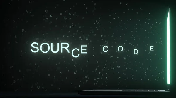 Текст SOURCE CODE з'являється біля екрану ноутбука. Концептуальне 3D рендерингу — стокове фото