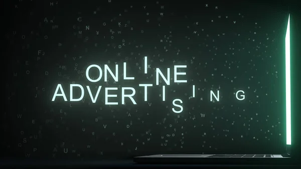 Online-Werbetext, der in der Nähe des Laptop-Bildschirms erscheint. konzeptionelles 3D-Rendering — Stockfoto