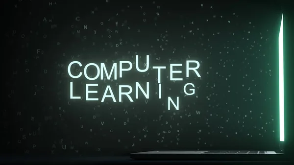 Buchstaben, die das Laptop-Display verlassen, bilden einen Lerntext am Computer. 3D-Darstellung — Stockfoto