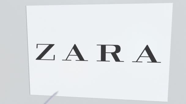 ZARA company logo being cracked by archery arrow. Corporate problems conceptual editorial animation — Stock Video
