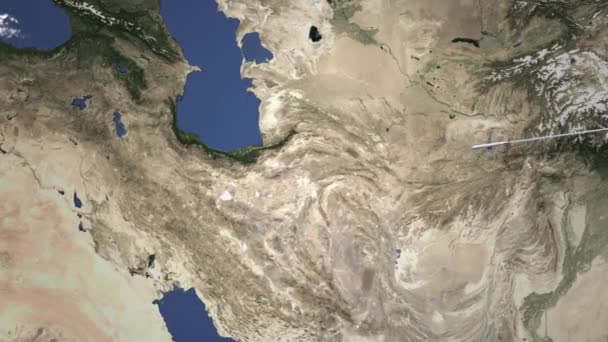 Самолет, летящий в Тегеран, Иран с востока, 3D анимация — стоковое видео