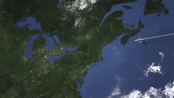 地図、3 d アニメーション、カナダのトロントに飛んでいる飛行機 — ストック動画