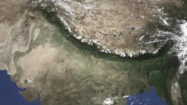 Avião voando para Nova Deli, Índia a partir de leste, animação 3D — Vídeo de Stock